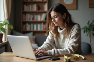 Jeune femme assise à un bureau moderne avec ordinateur et plantes