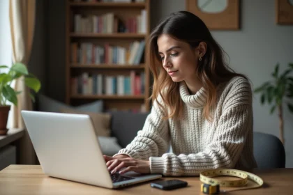 Jeune femme assise à un bureau moderne avec ordinateur et plantes