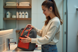 Jeune femme lavant un sac à dos coloré dans une salle de bain