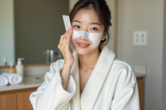Jeune femme coréenne appliquant un masque facial naturel