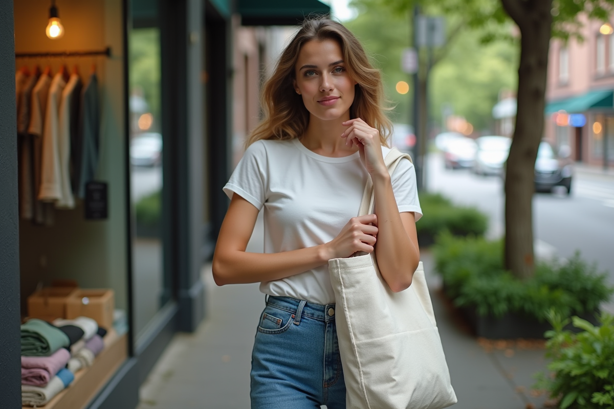 Jeune femme en mode écologique avec tote en ville