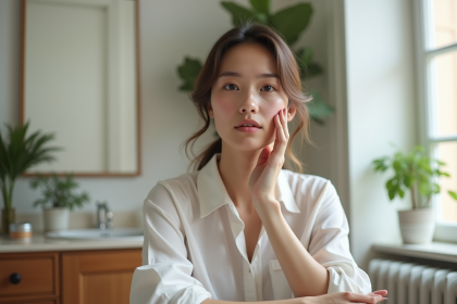 Jeune femme appliquant soin coréen visage à Paris