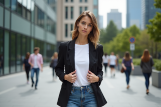 Jeune femme en streetstyle ajustant blazer en ville