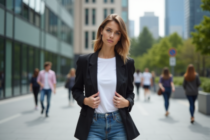 Jeune femme en streetstyle ajustant blazer en ville
