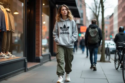 Jeune femme en streetwear dans une rue urbaine dynamique