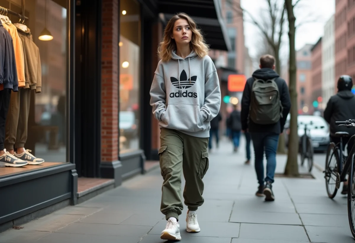 Jeune femme en streetwear dans une rue urbaine dynamique