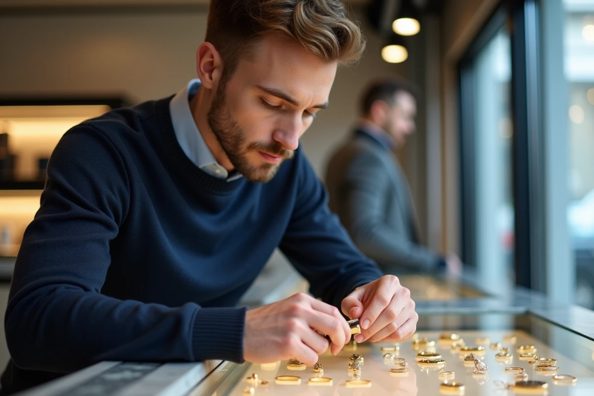 Jeune homme mesurant un anneau en or dans une bijouterie moderne