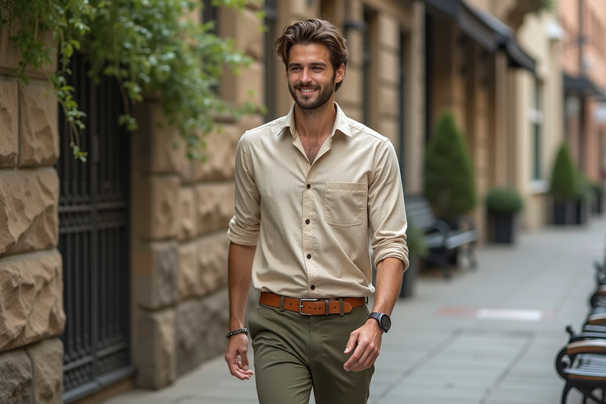 Jeune homme en tenue casual ajustant sa ceinture en ville