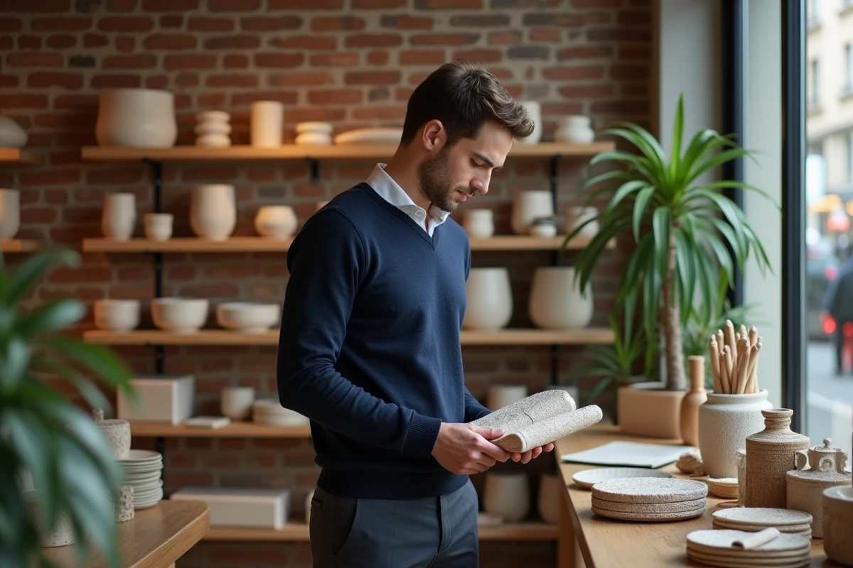 Jeune homme dans une boutique parisienne avec produits artisanaux