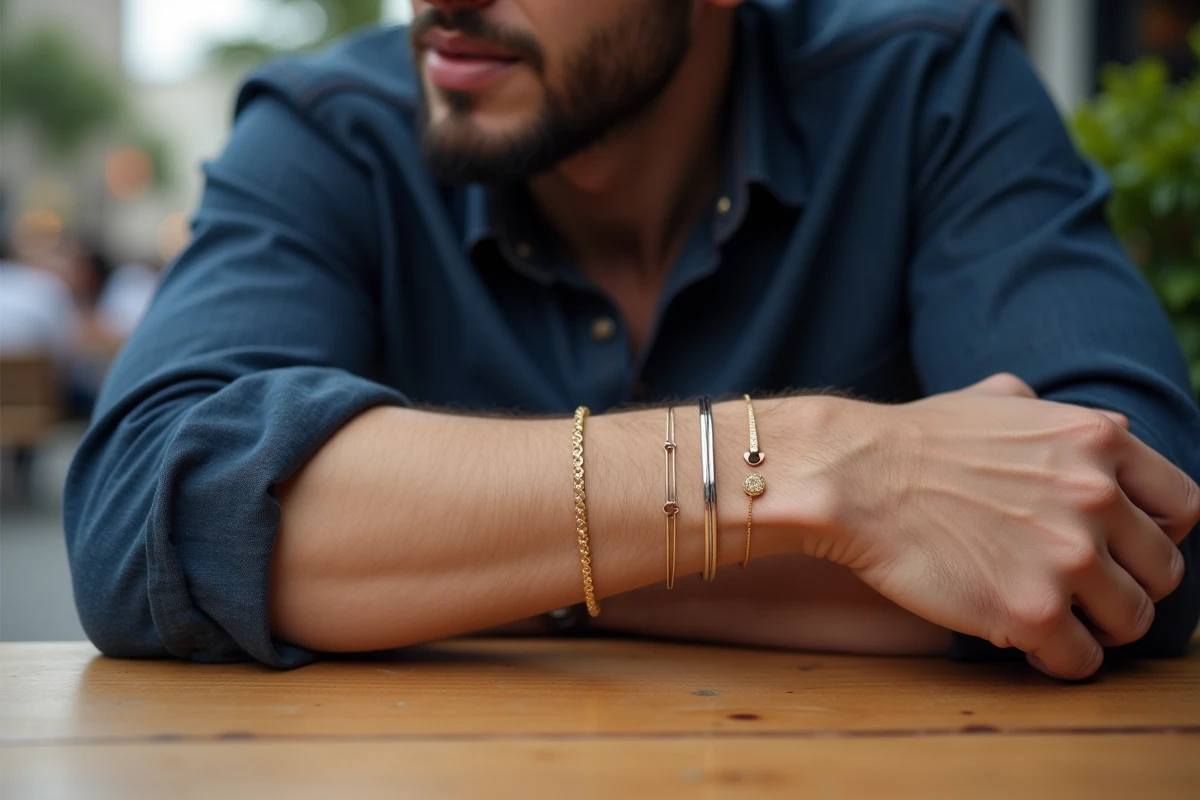 Jeune homme regardant ses bracelets en extérieur