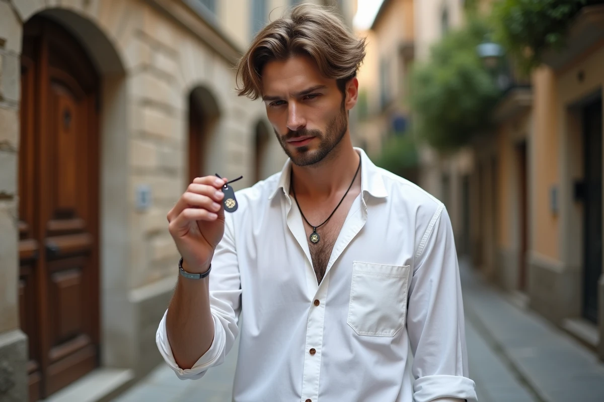 Jeune homme portant un collier personnalisé avec pendentif gravé dans une rue pavée européenne