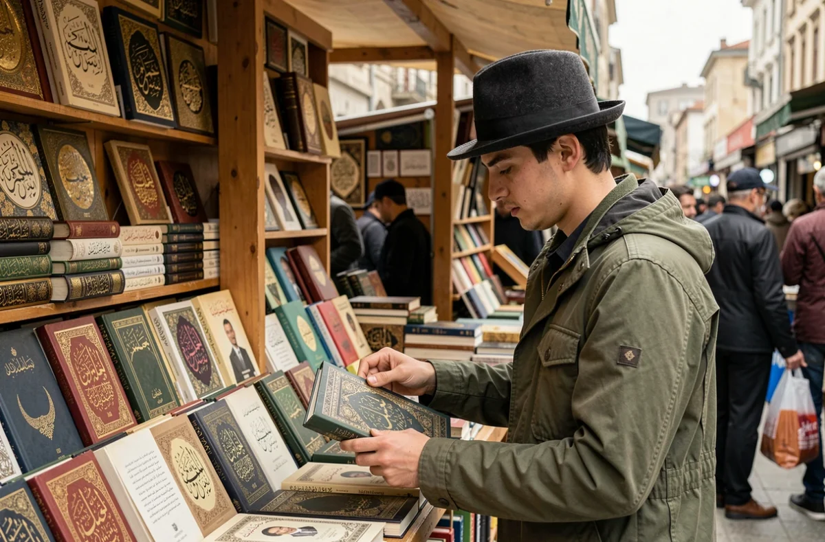 Jeune homme avec un pakol en laine foncée dans un marché de livres islamiques, expression de l'identité culturelle musulmane