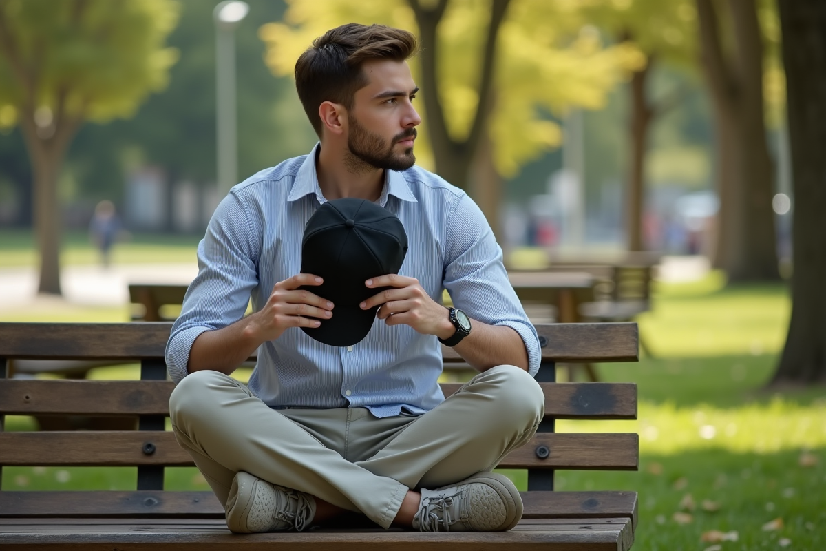 Jeune homme assis dans un parc tenant un chapeau noir