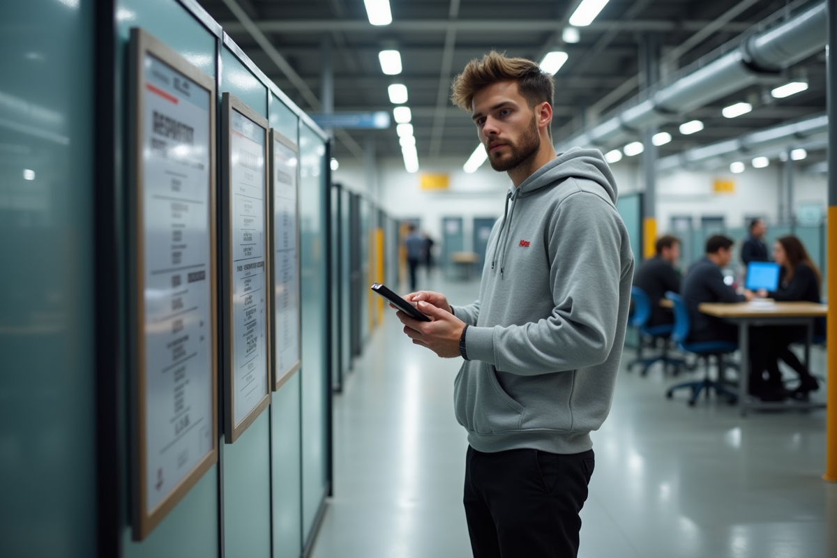 Jeune homme consulte un plan dans l usine Asos