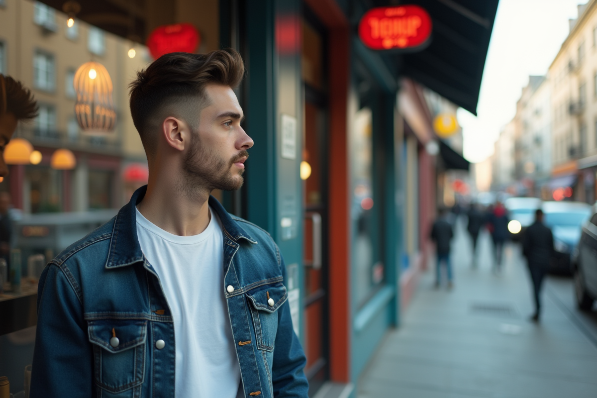Jeune homme regardant sa reflection dans la vitrine