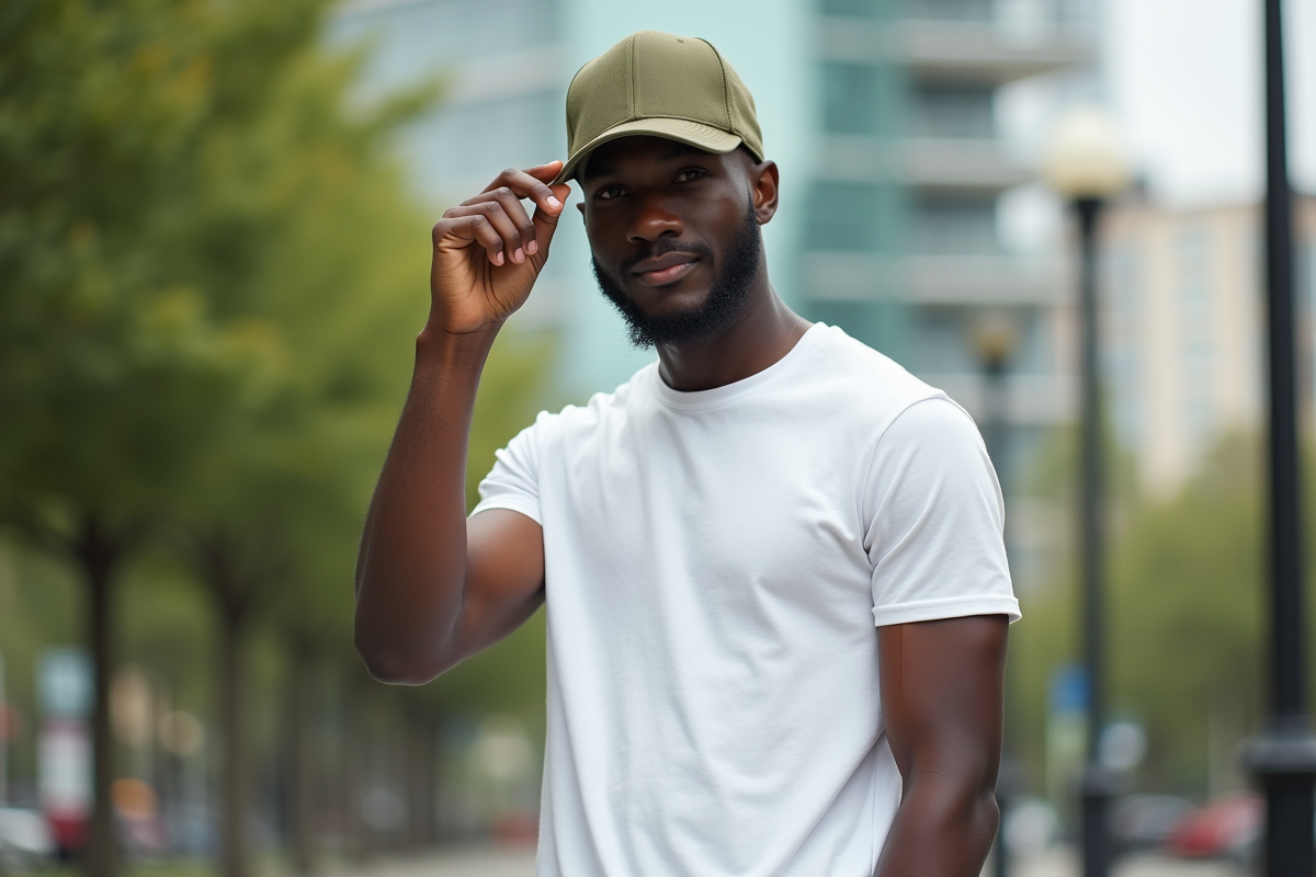 Jeune homme noir ajustant sa casquette dans un parc urbain