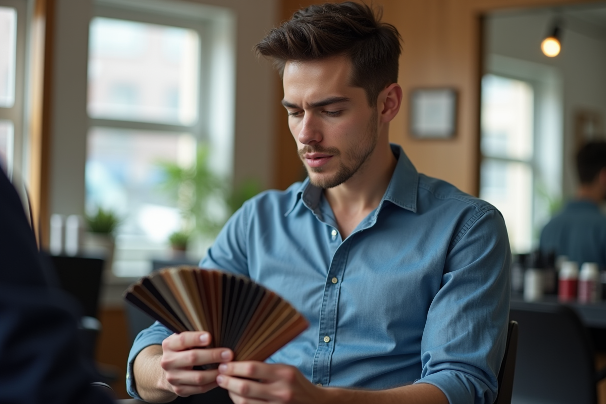 Jeune homme étudiant des échantillons de couleur de cheveux dans un salon moderne