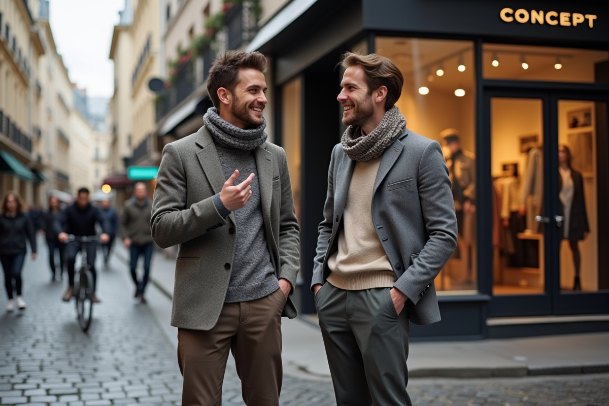 Deux jeunes hommes discutant devant un magasin de mode
