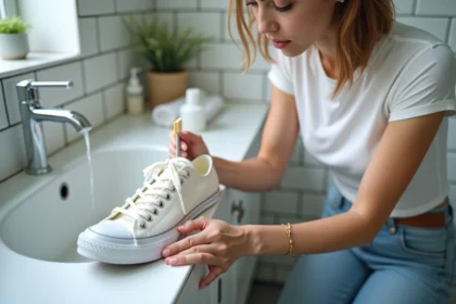 Jeune femme nettoyant une Converse blanche avec une brosse à dents et de l'eau savonneuse dans une salle de bain