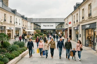 Vue panoramique d'un centre de magasins d'usine dans les Pays de la Loire avec des familles faisant du shopping