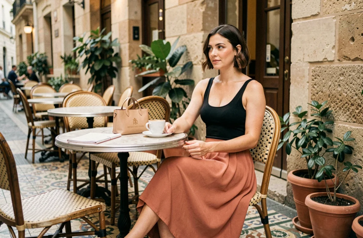 Femme portant un maillot de bain menstruel comme body avec une jupe midi dans un café parisien en terrasse