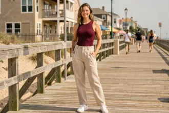 Femme portant un maillot de bain menstruel Mademoiselle Culotte comme haut de tenue avec un pantalon en lin sur une promenade côtière