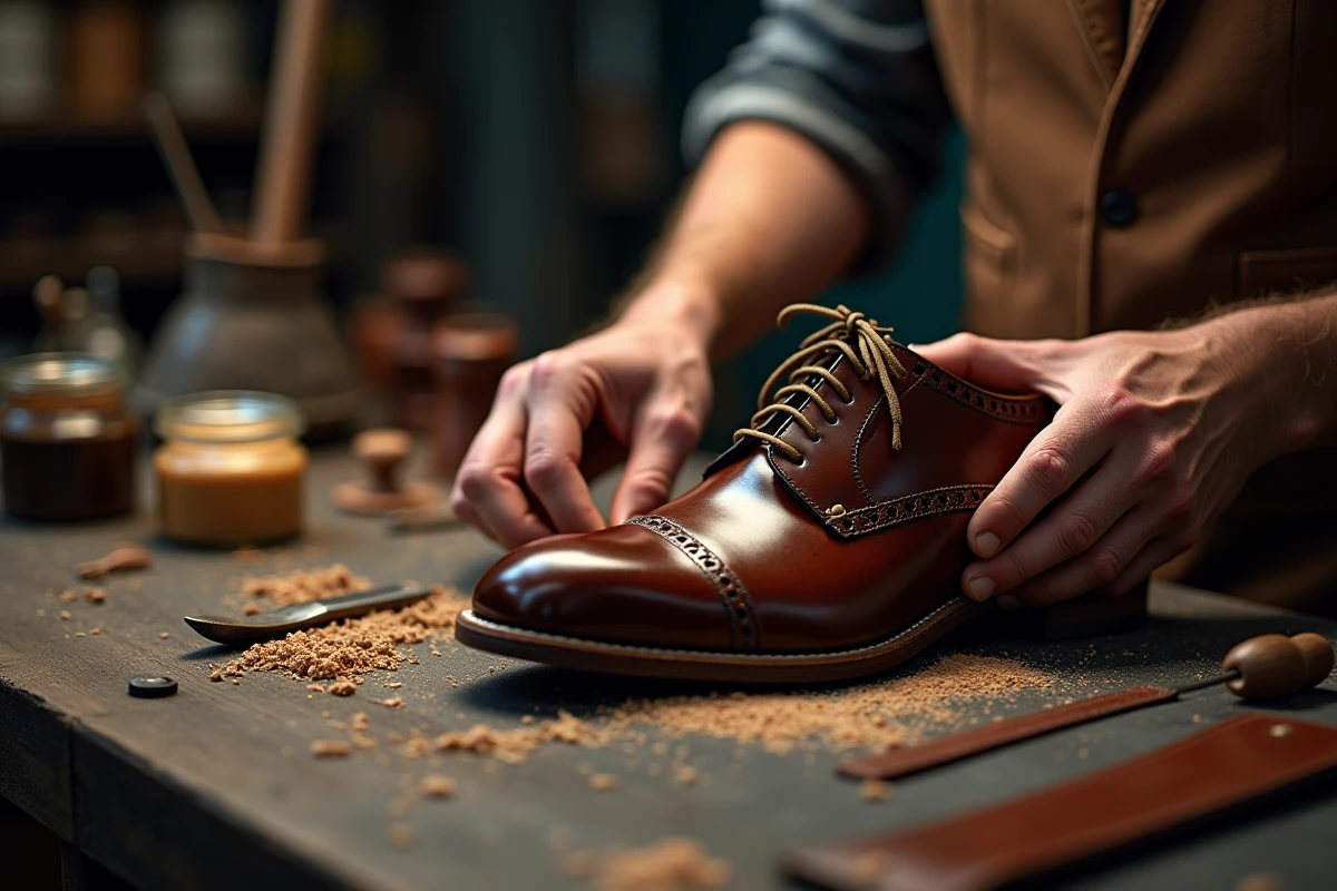 Gros plan sur les mains d'un cordonnier appliquant du conditionneur sur une chaussure Oxford en cuir
