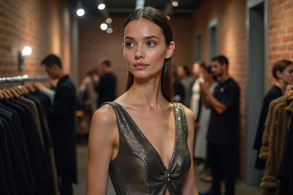 Mannequin féminin en robe métallique en coulisses lors d