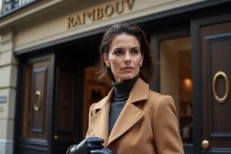 Femme élégante devant la façade d'une boutique de luxe parisienne en pierre gravée, portant un manteau en laine camel structuré
