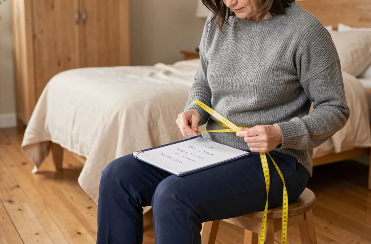 Femme mesurant son tour de hanches à la maison pour trouver la bonne taille de pantalon
