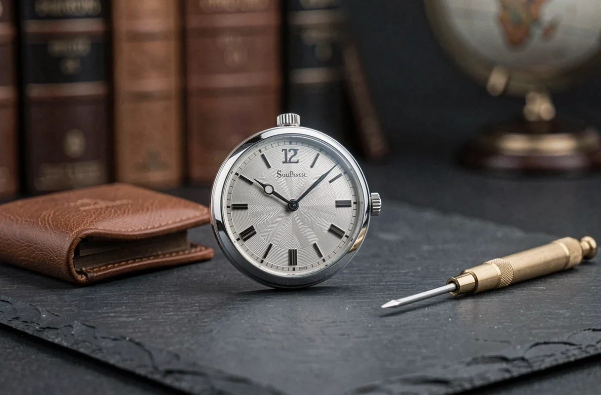 Gros plan d'une montre mécanique de luxe Richemont sur ardoise noire avec accessoires horlogers