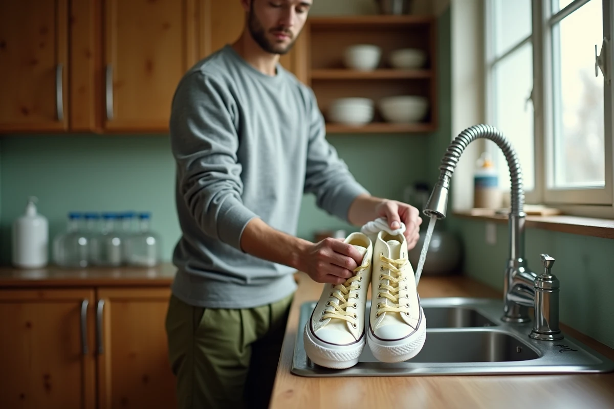 Homme rinçant des Converse blanches sous le robinet de la cuisine avec un chiffon microfibre