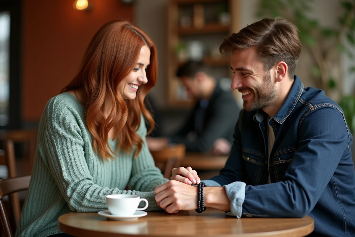 Femme offrant un bracelet en onyx noir à un homme dans un café rustique, geste cadeau avec sourire naturel