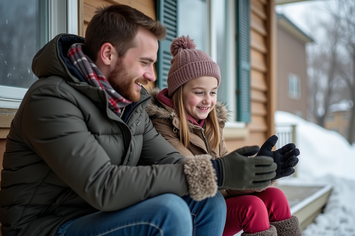 Père et fille mettant des gants d
