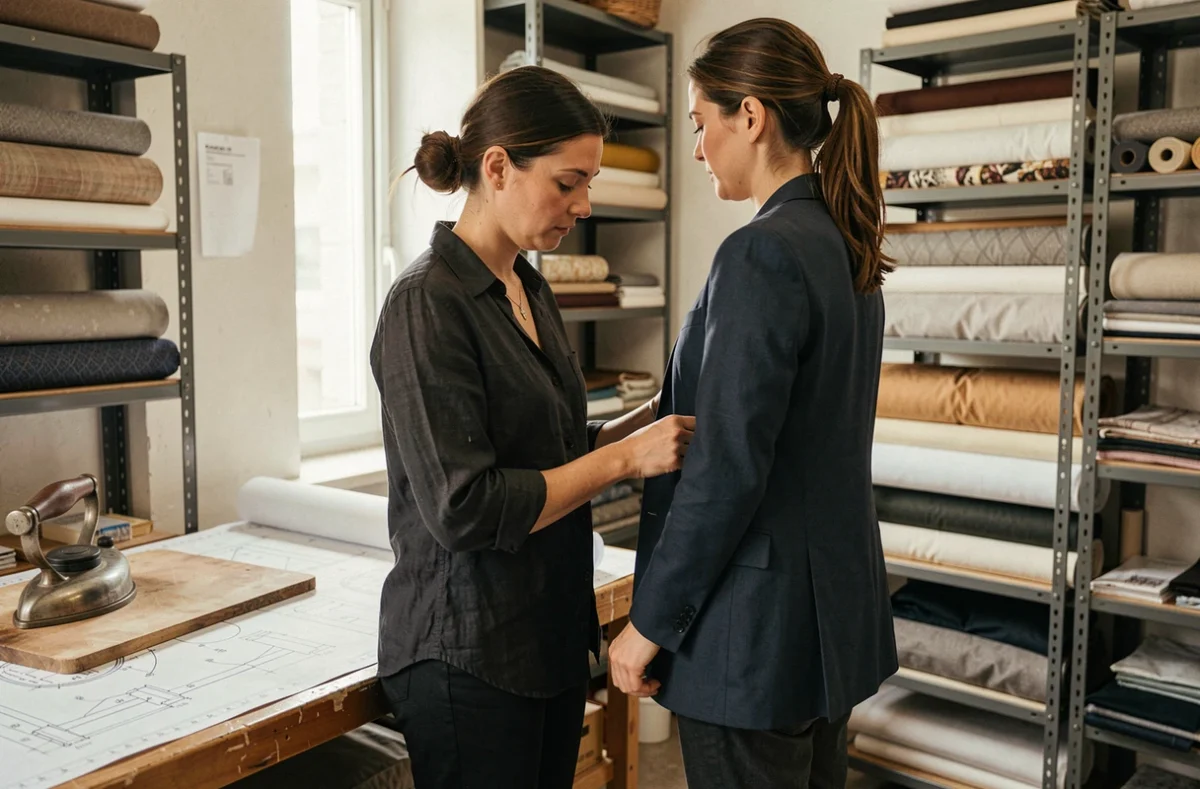Couturière ajustant l'ourlet d'un blazer sur mesure pour une cliente dans l'atelier Pic Fil à Besançon