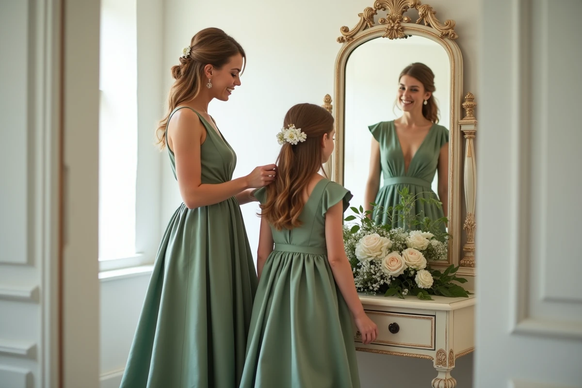 Préparatifs de mariage avec demoiselles d'honneur enfants et adulte en robes vertes coordonnées