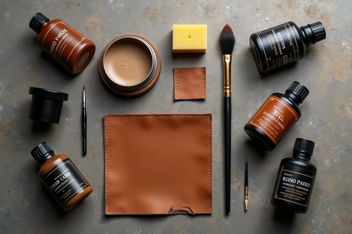 Mise à plat de produits de peinture et d'entretien pour cuir moto avec pinceaux et échantillon de cuir coloré