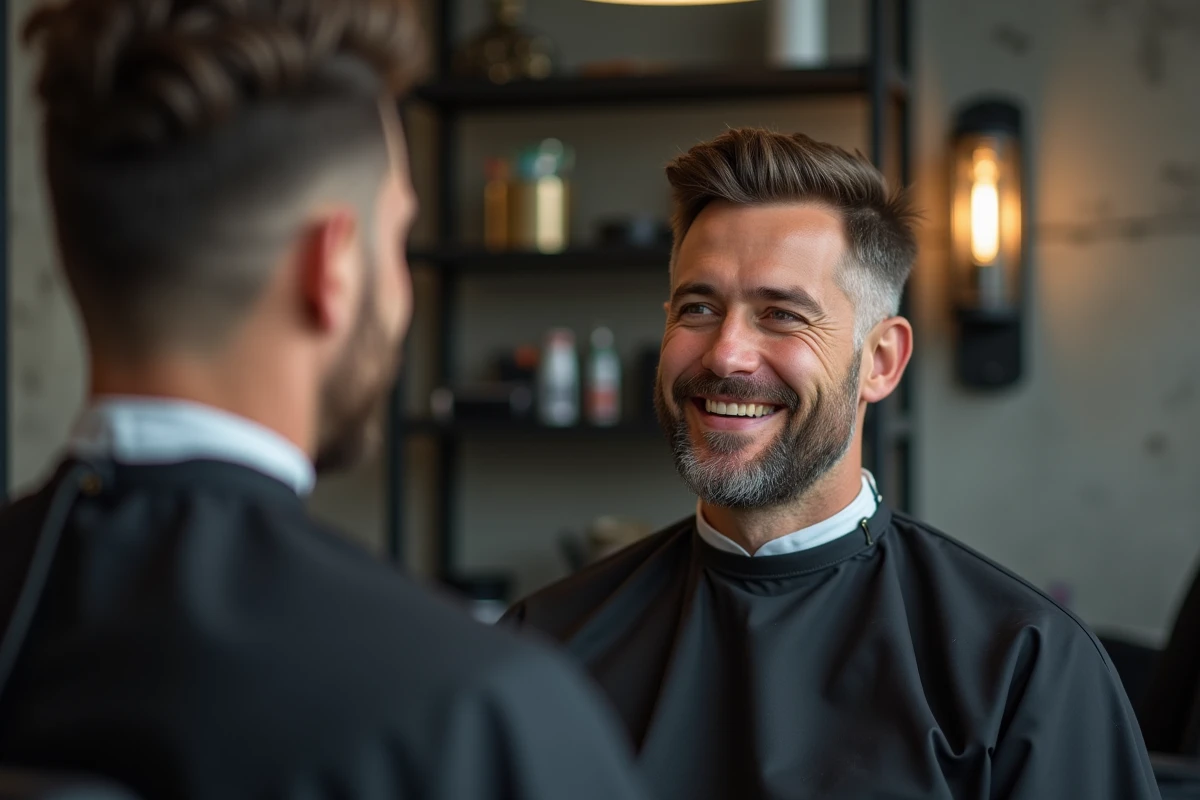 Homme adulte avec une coupe couronne masculine soignée admirant le résultat dans le miroir d'un salon de coiffure moderne
