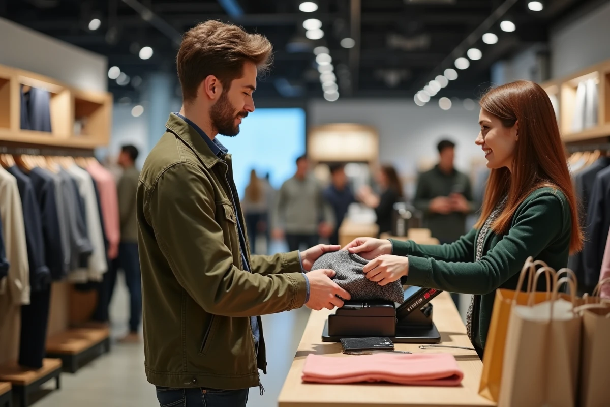 Client remettant un vêtement avec antivol à un caissier utilisant un désactivateur magnétique en boutique