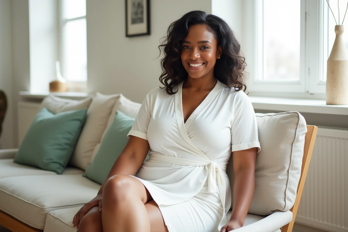 Femme ronde portant une robe blanche portefeuille structurée assise dans un salon scandinave épuré