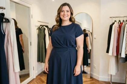Femme ronde portant une robe trapèze marine fluide dans une boutique parisienne, coupe avantageuse pour ventre rond