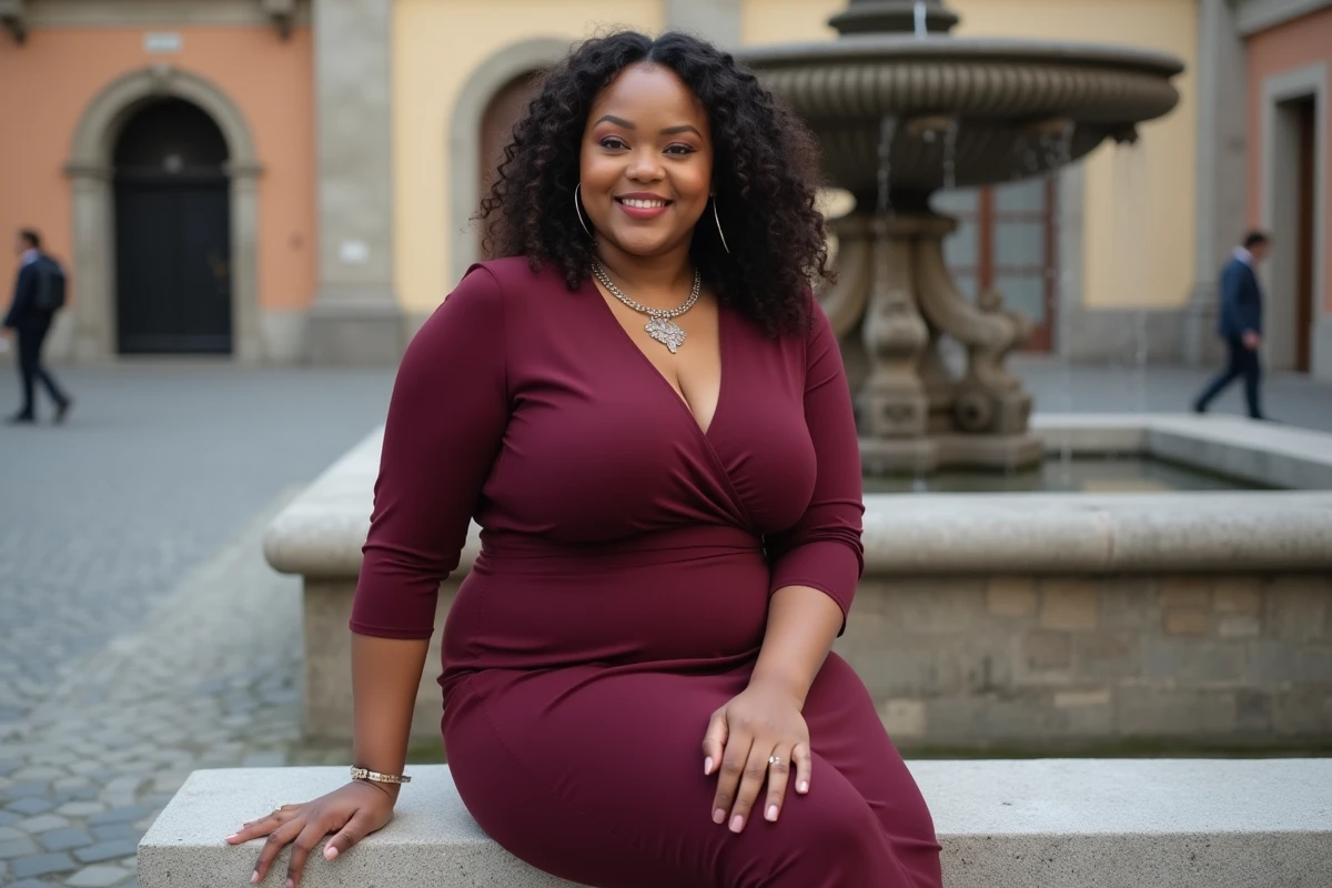 Femme ronde en robe crayon bordeaux assise sur un banc en ville, style élégant et moderne pour grande taille