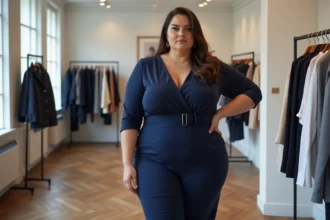 Femme grande taille portant une robe crayon bleue marine dans une boutique parisienne moderne, posture confiante et élégante