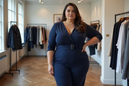 Femme grande taille portant une robe crayon bleue marine dans une boutique parisienne moderne, posture confiante et élégante