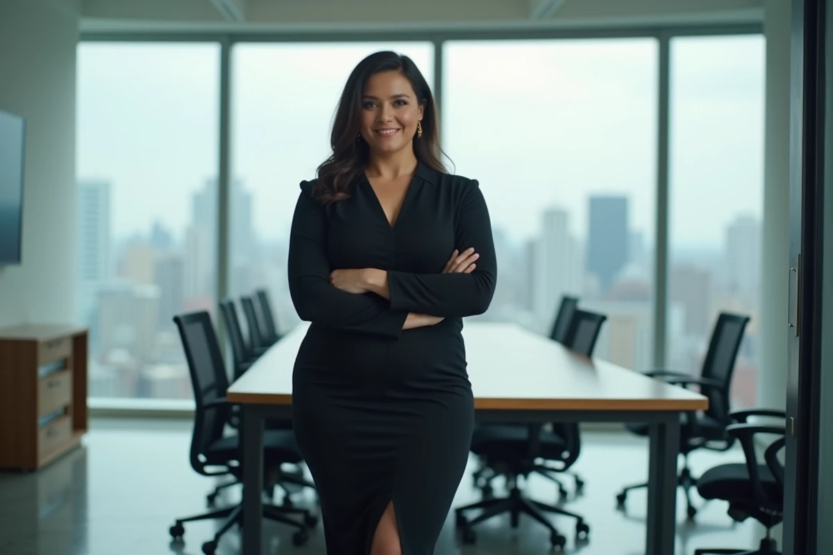 Femme grande taille en robe crayon noire dans un bureau moderne, look professionnel et élégant pour silhouette pulpeuse