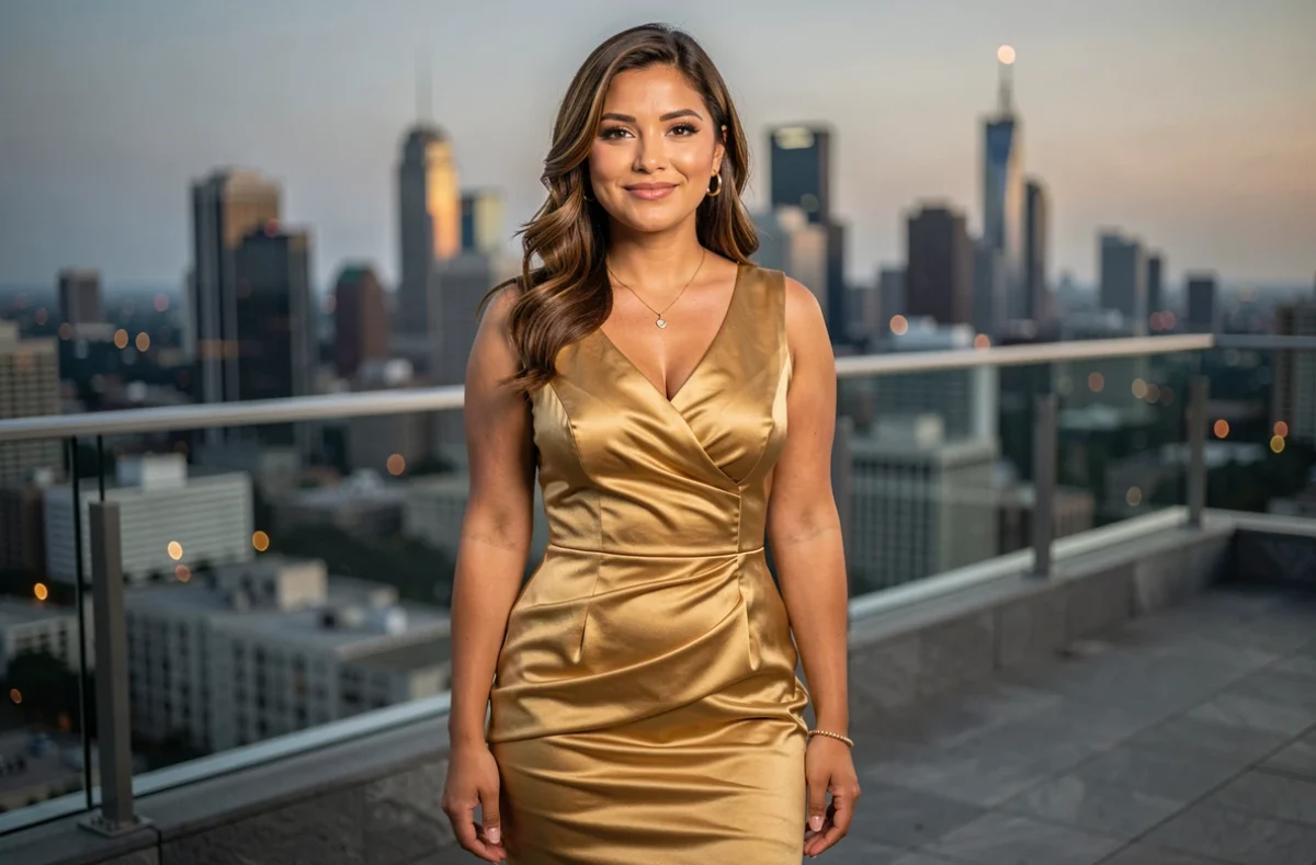Femme à la morphologie sablier en robe de soirée dorée ajustée sur rooftop urbain au crépuscule