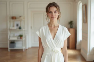 Femme petite portant une robe blanche midi ajustée à silhouette portefeuille dans une boutique parisienne