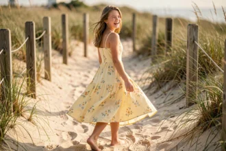 Adolescente en robe fluide jaune fleurie marchant sur un chemin de plage en été, cheveux au vent