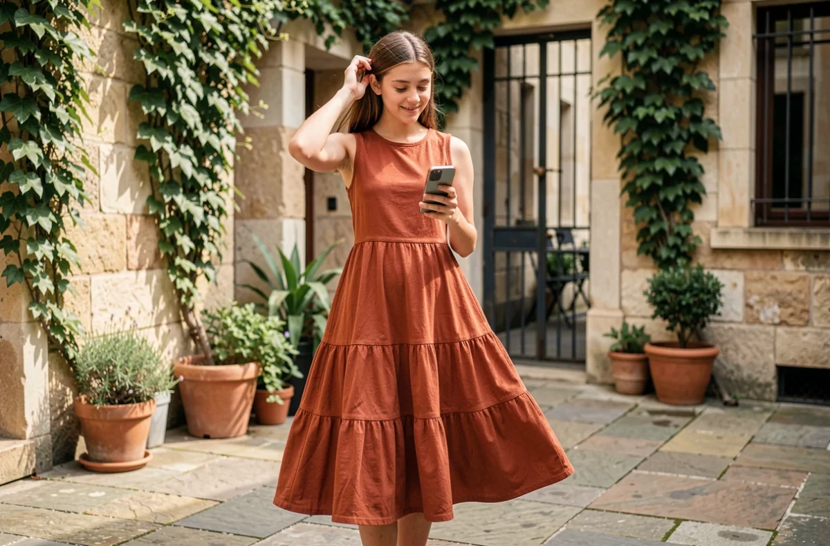 Adolescente en robe fluide terracotta à jupe volantée dans une cour urbaine ensoleillée