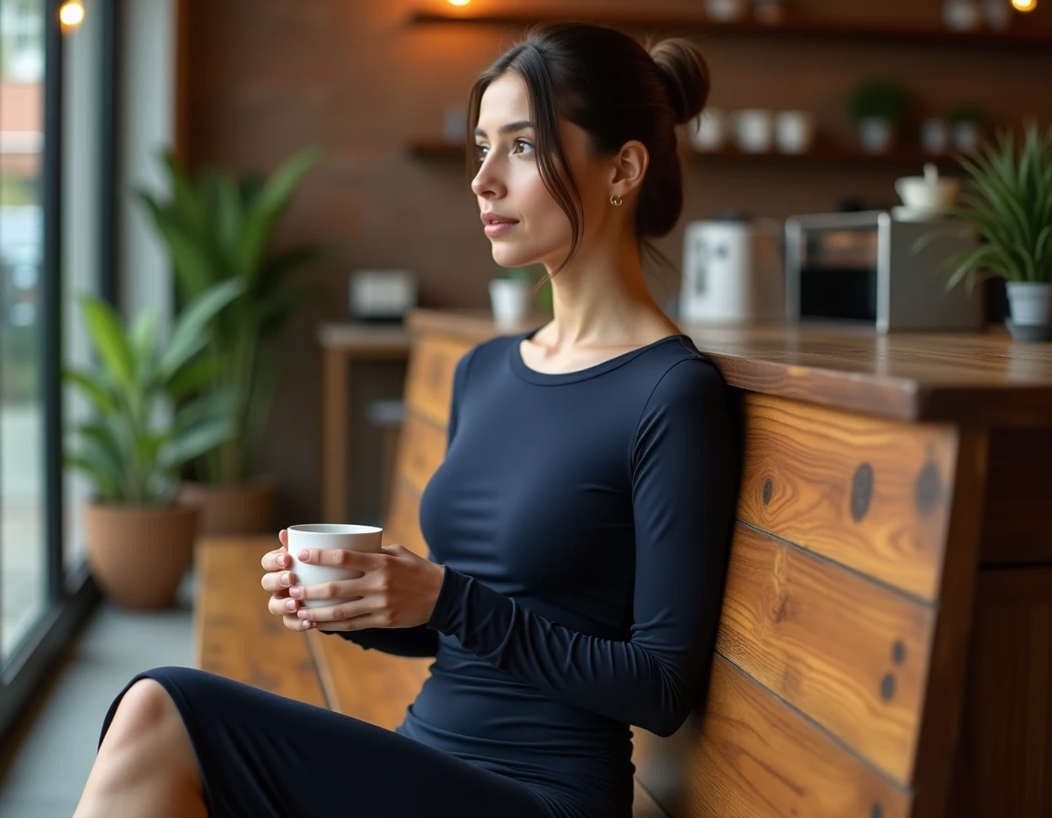 Femme en robe moulante bleu marine assise dans un café minimaliste avec une tasse de café